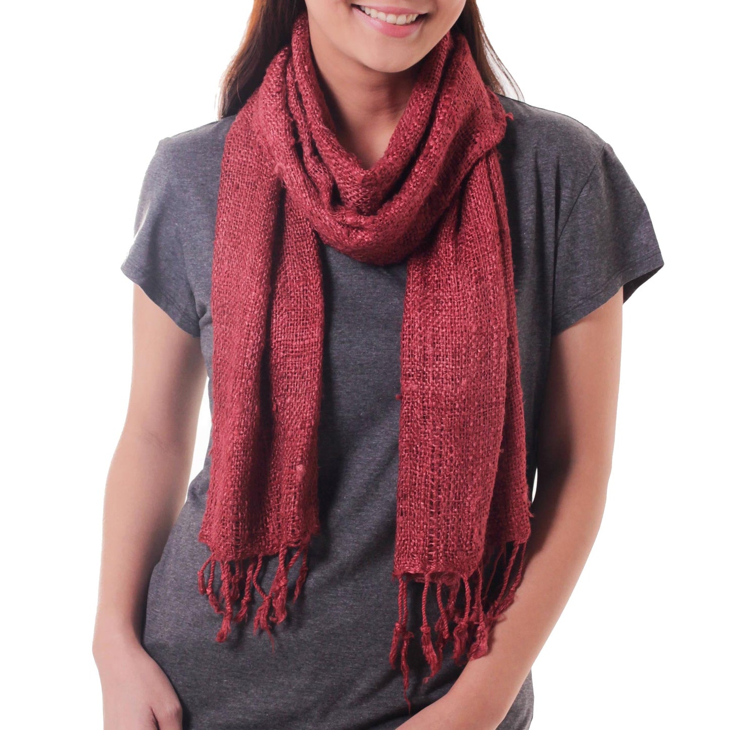 Artisan Crafted Rose Pink Woven Silk Scarf with Fringe - Essential Rose
