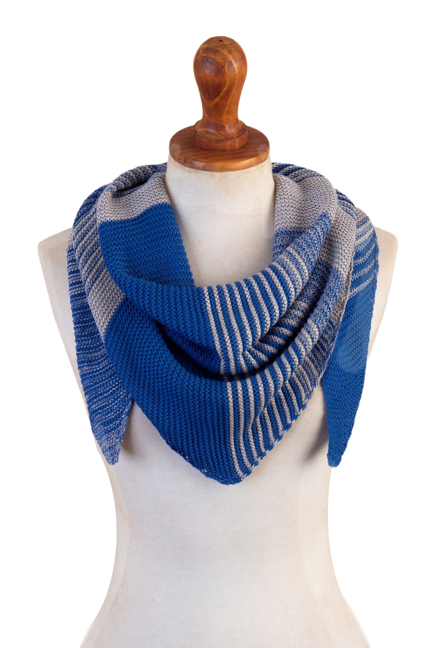 Blue & Grey Cotton Blend Scarf Hand-Knit in Triangle Shape - Spectacular Sky