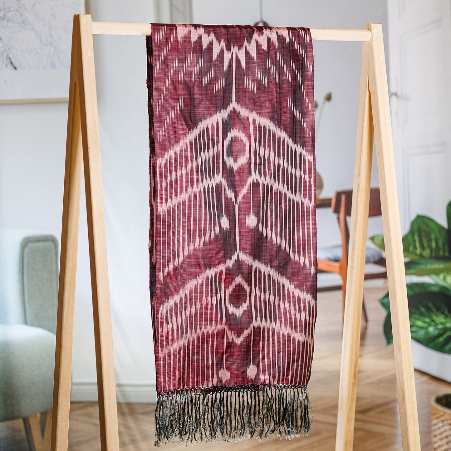 Burgundy Hand-Woven Fringed Silk Ikat Scarf from Uzbekistan - Stylish Burgundy