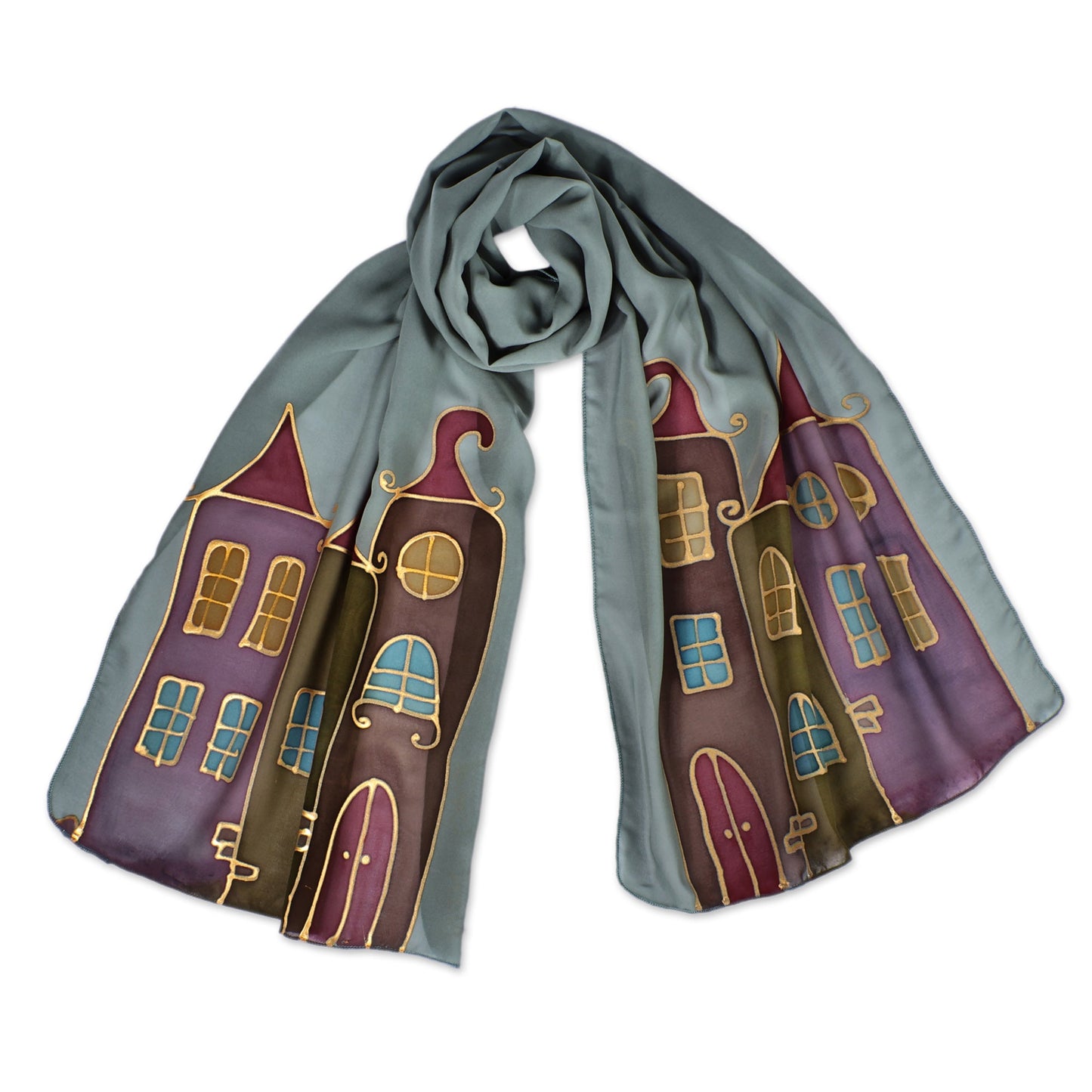 Artisan-Made Hand-Painted Cityscape-Themed Green Silk Scarf - My City