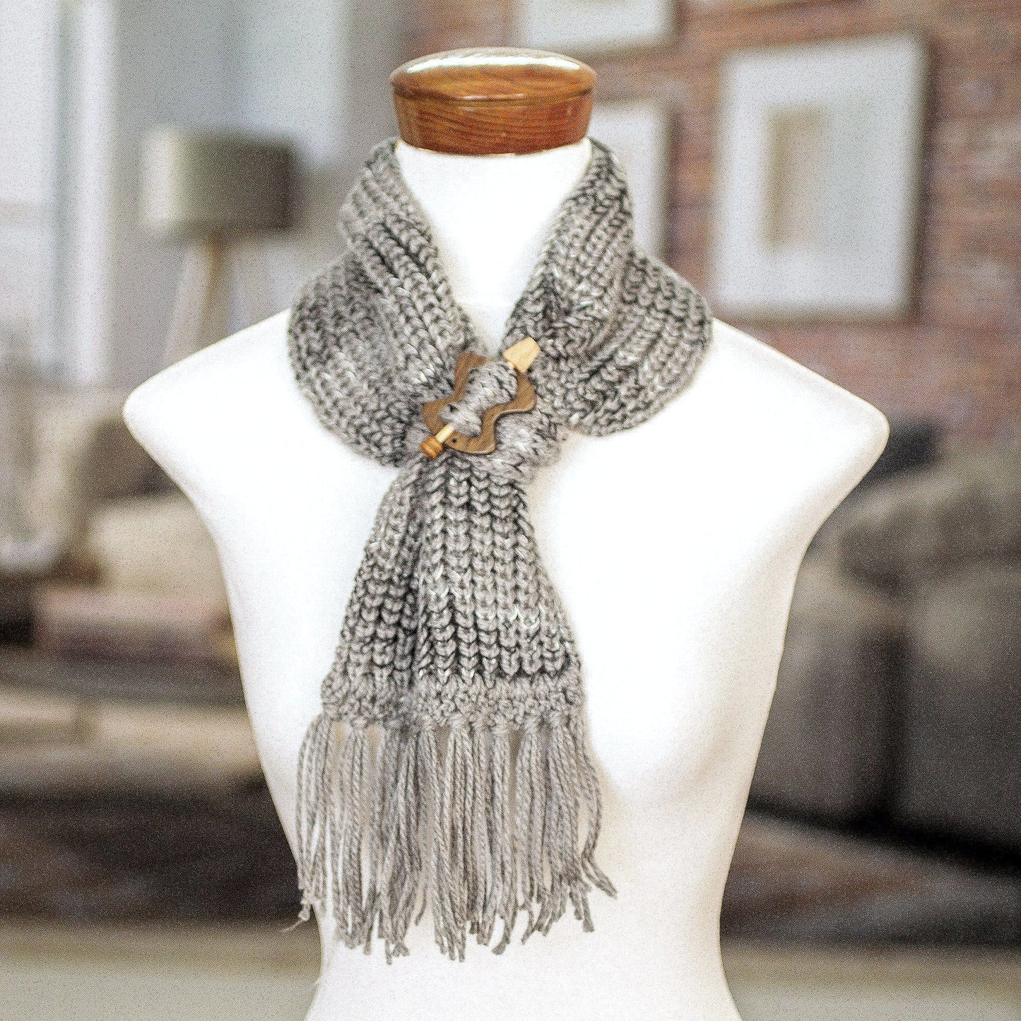 Acrylic Multi Grey Tone Wrap Scarf with Wood Clip - Costa Rican Grey
