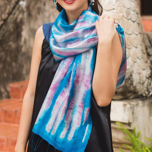 Blue and Pink Tie Dye Silk Scarf - Azure Thai Rive