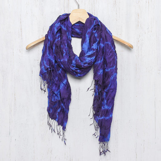 Blue Purple Tie-dye Silk Scarf Crafted by Hand in Thailand - Indigo Dance