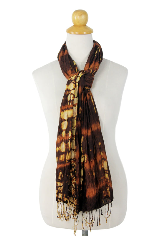 Brown Crinkled 100% Silk Scarf with Yellow Tie Dye Patterns - Desert Mystique
