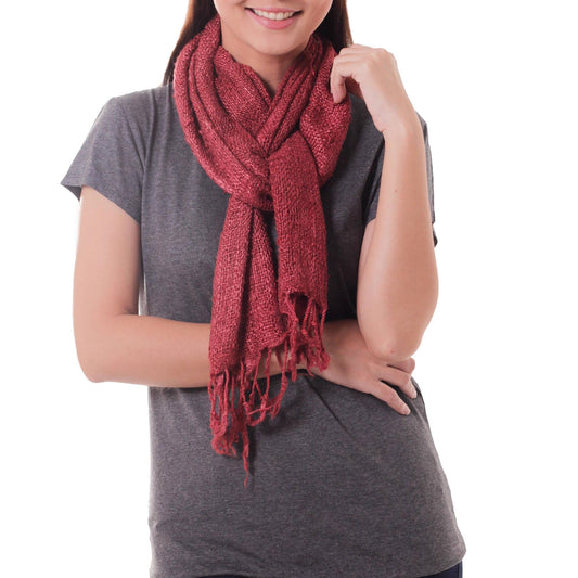 Artisan Crafted Rose Pink Woven Silk Scarf with Fringe - Essential Rose