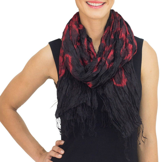 Black Red Tie-dye Silk Scarf Crafted by Hand in Thailand - Nocturnal Dance