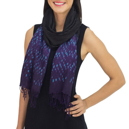 Black Tie Dyed Pin Tuck Scarf with Purple and Blue - Black Purple Kaleidoscopic