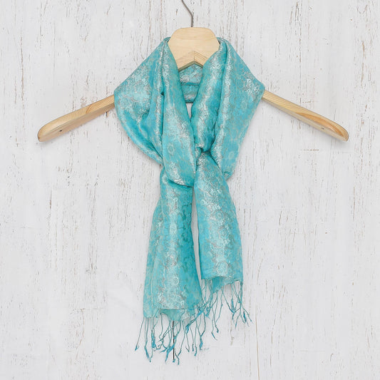 Aqua Floral Pattern Scarf from Thailand - Aqua Bouquet