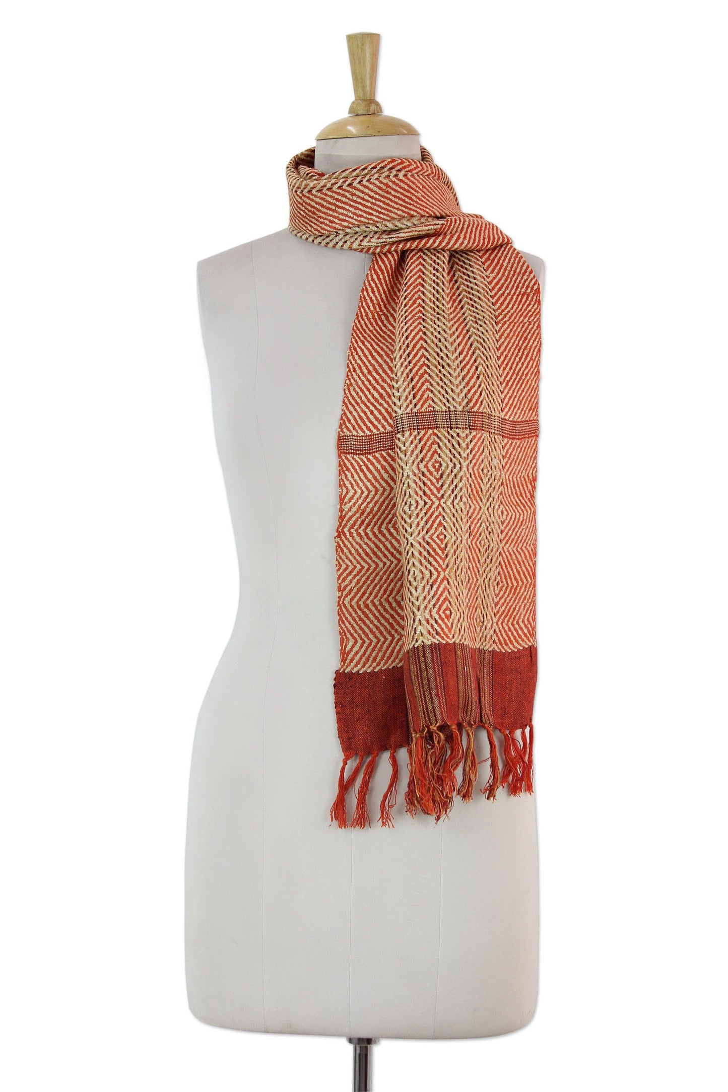 Artisan Handwoven Orange Herringbone Eri Silk Scarf - Tangerine Herringbone