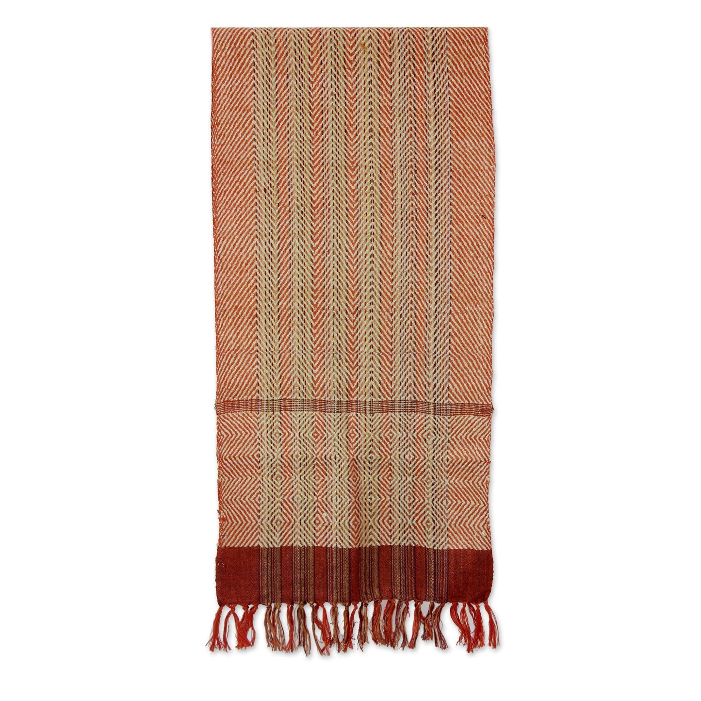 Artisan Handwoven Orange Herringbone Eri Silk Scarf - Tangerine Herringbone