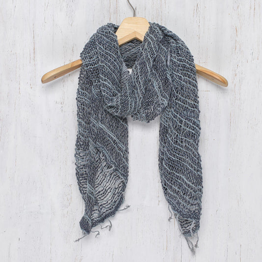 Blue Gray Open Weave Cotton Scarf Handmade in Thailand - Winter Melange