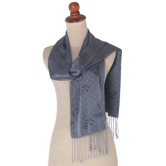 Blue and Black Maze Silk Scarf with Fringe and Gift Box - Lovely Maze