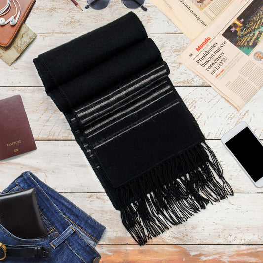 Artisan Crafted Woven Black Alpaca Blend Scarf for Men - Andean Clouds in Black