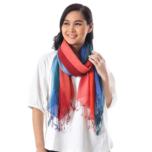 Blue and Red Cotton Wrap Scarves from Thailand (Pair) - Sunset Breeze