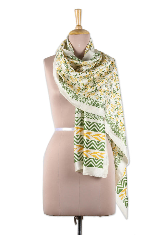 Block-Printed Floral Silk Wrap Scarf - Autumn Flowers