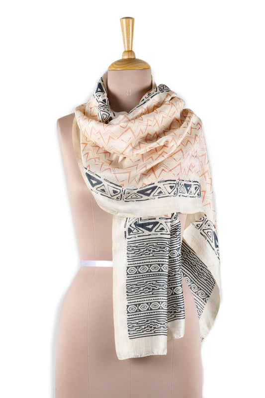 Block-Printed Geometric Silk Wrap Scarf from India - Modern Beauty