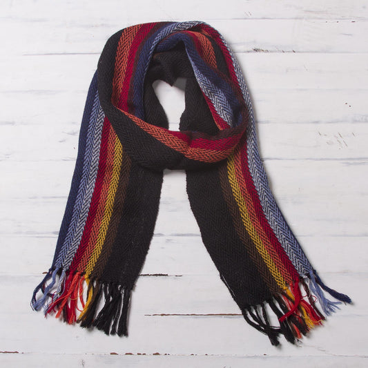 Black with Colorful Stripes Handwoven 100% Alpaca Scarf - Mountain Evening