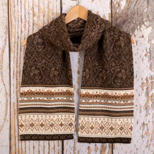 Brown and Ivory 100% Alpaca Scarf with Floral Motifs - Autumn Charm