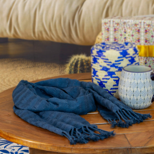 Blue Cotton Scarf with Braided Fringes Handloomed in Mexico - Blue Catwalks