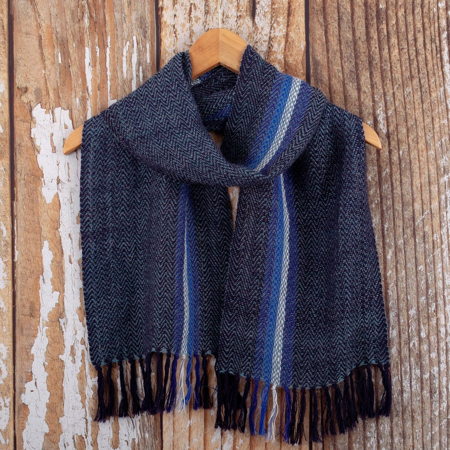 Blue and Ivory 100% Alpaca Striped Scarf Hand-Woven in Peru - Seabed
