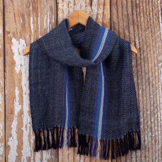 Blue and Ivory 100% Alpaca Striped Scarf Hand-Woven in Peru - Seabed