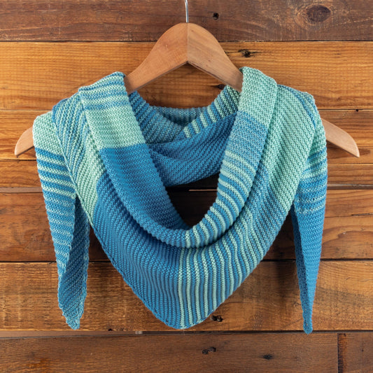 Blue & Aqua Cotton Blend Scarf Hand-Knit in Triangle Shape - Spectacular Sea