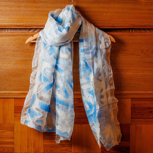Abstract Soft White Silk Scarf with Blue Wool Felt Accents - From Heaven
