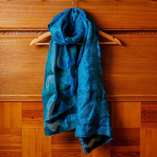Abstract Soft Silk Scarf with Felt Accents in Blue Hues - From the Sea