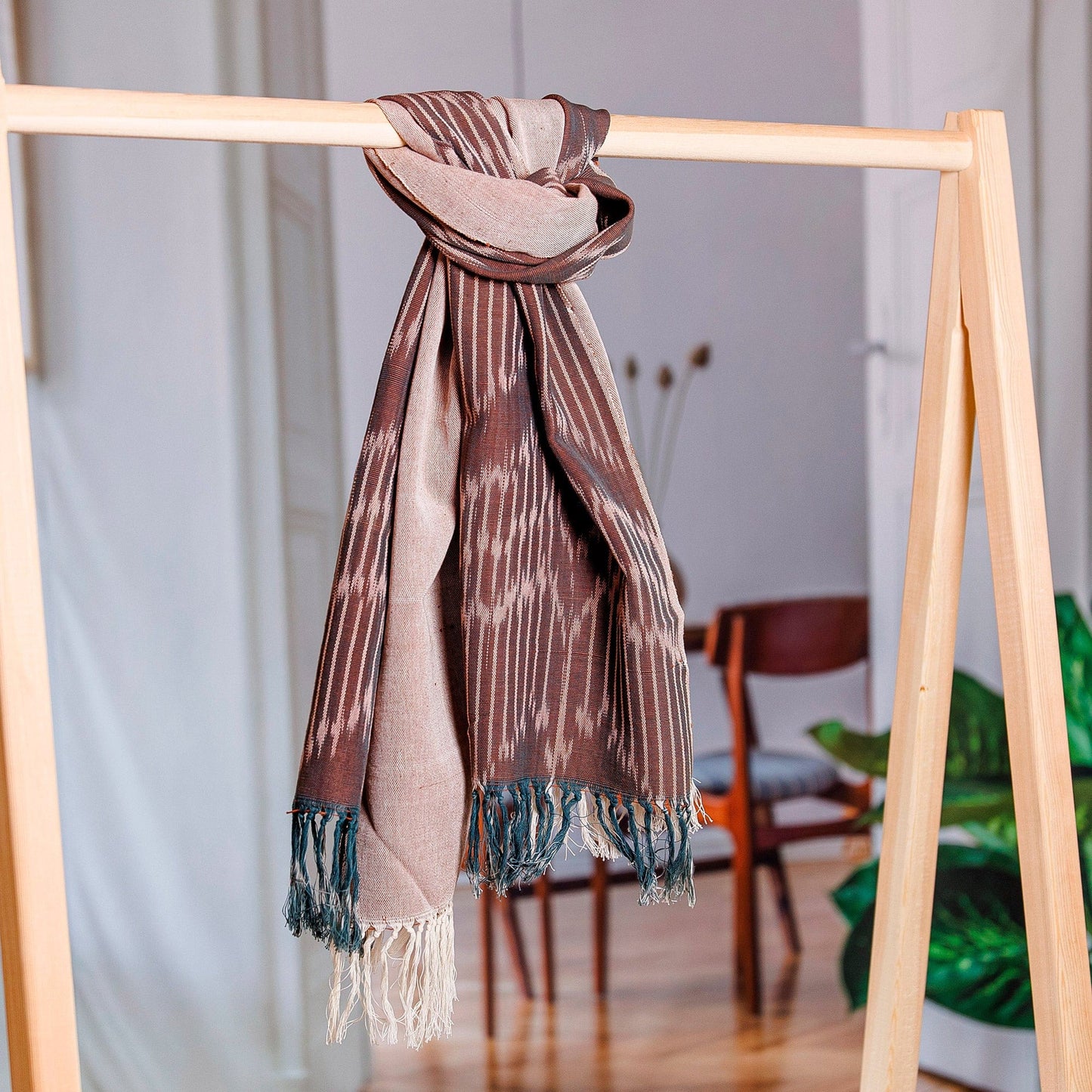 Brown Fringed Cotton Ikat Scarf Hand-Woven in Uzbekistan - Refined Elegance