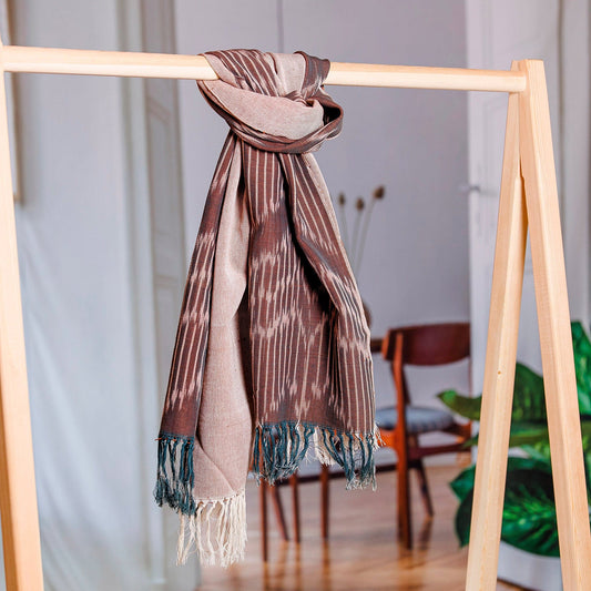 Brown Fringed Cotton Ikat Scarf Hand-Woven in Uzbekistan - Refined Elegance