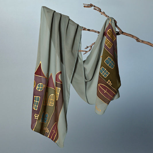 Artisan-Made Hand-Painted Cityscape-Themed Green Silk Scarf - My City