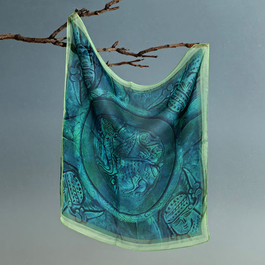 Artisan-Made Classic Sphinx-Themed Green Silk Chiffon Scarf - Sphinx Successor