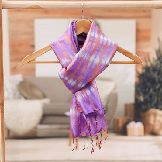 Artisan-Made Rayon and Silk Blend Fringed Scarf in Purple - Purple Striped